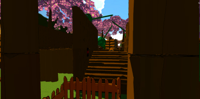 Screenshot waarin je in het parcour staat, met hekken en hoge rijen houten balken en een trap. In de verte zie je een rij draaiende houten balken. Er staan bomen met roze bladeren en de lucht is blauw met witte wolken